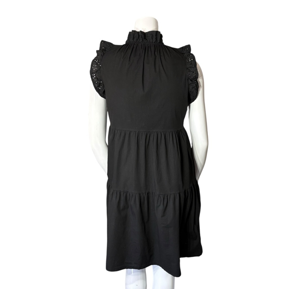 Valentina Naldi Made in Italy Black Cotton Tiered Dress Ruffle Eyelet Sleeves, M - Picture 8 of 13
